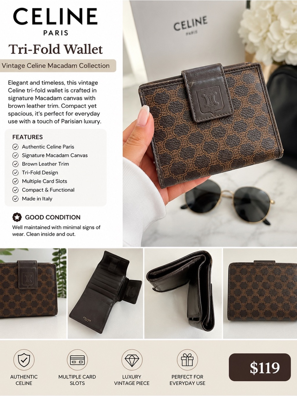 Celine Brown Macadam Canvas Tri-Fold Wallet with Dark Brown Trim